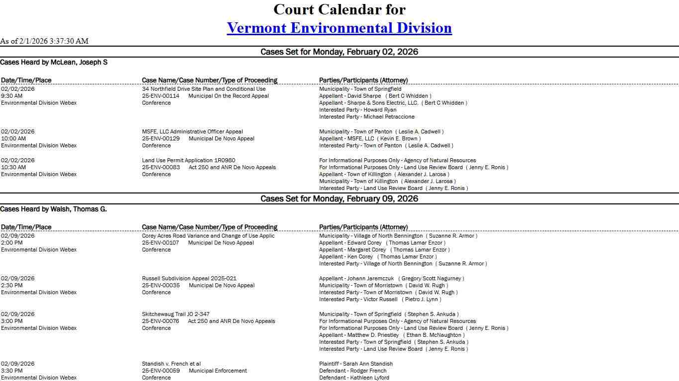 Vermont Environmental Division Calendar